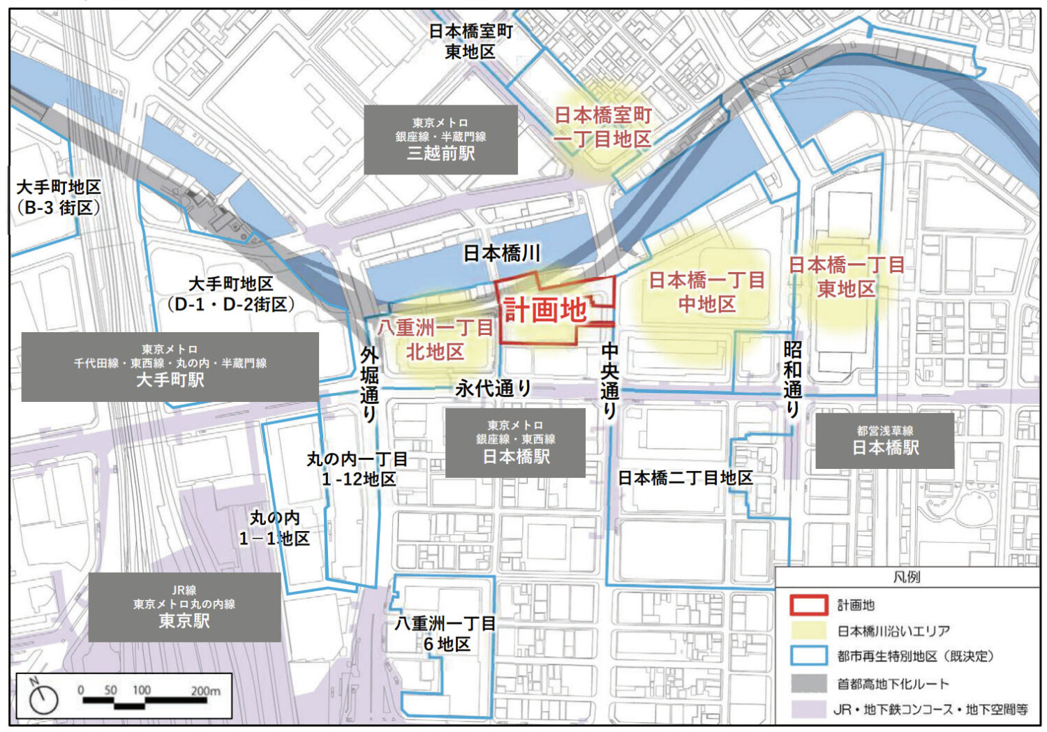 日本橋一丁目の1・2番街区再開発の計画地場所