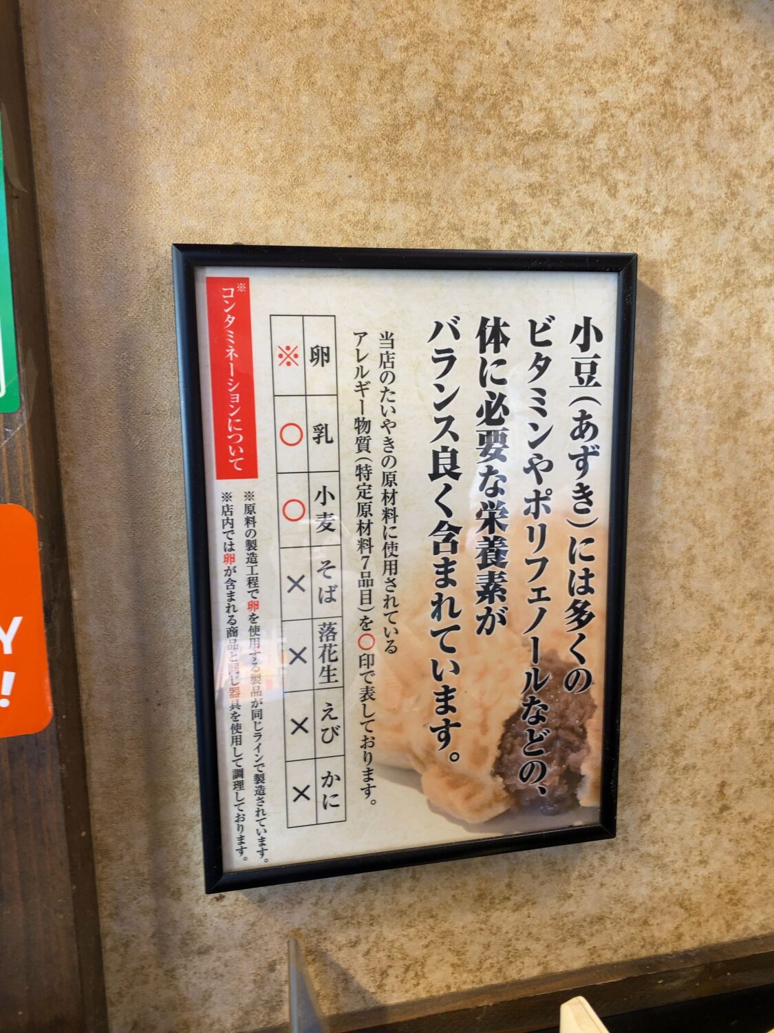 鳴門鯛焼本舗の小豆の栄養価の説明写真