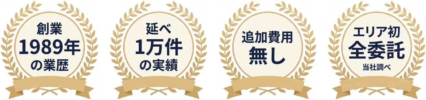 創業1989年の業歴、延べ1万件の実績、追加費用無し、エリア初 全委託(当社調べ)